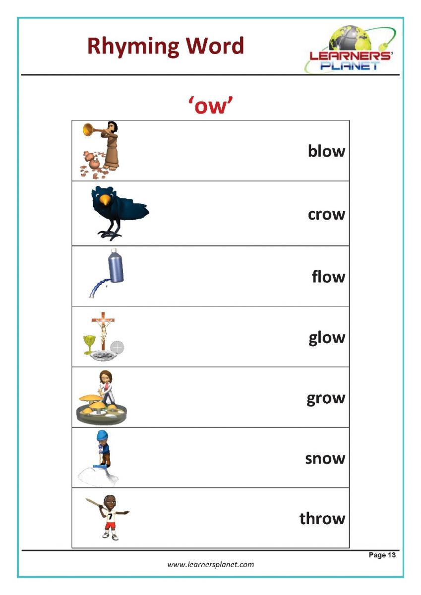 Words that rhyme with ow for kindergarten